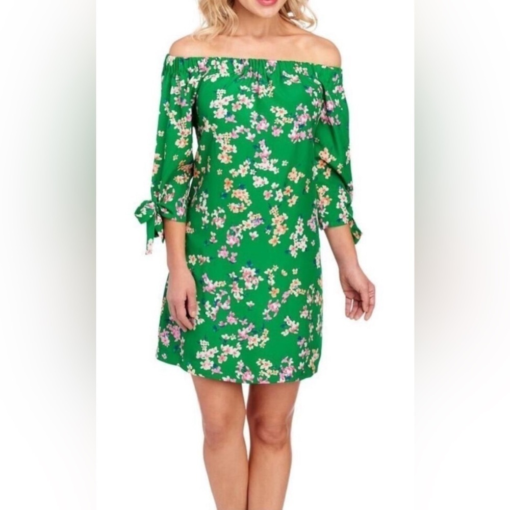 NWT VINCE CAMUTO Green Floral Off the Shoulder Sheath Dress 3/4 Sleeves Short 8